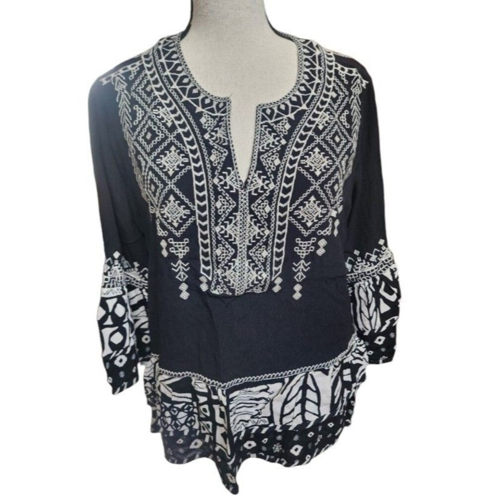 John Mark Embroidered Peasant Blouse Size Small Black Flowy Boho